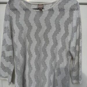 Chicos sz1 white and grey metallic lightweight sweater.